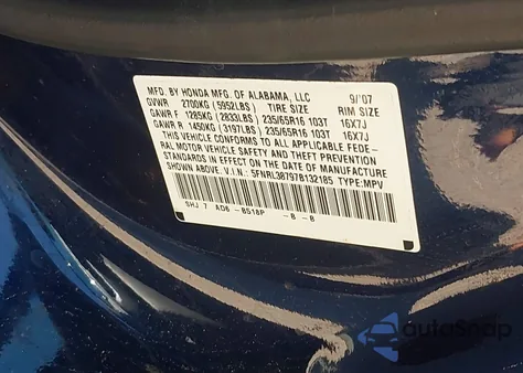 2007 Honda Odyssey Ex-L z USA, uszkodzony, nr VIN 5FNRL38797B132185